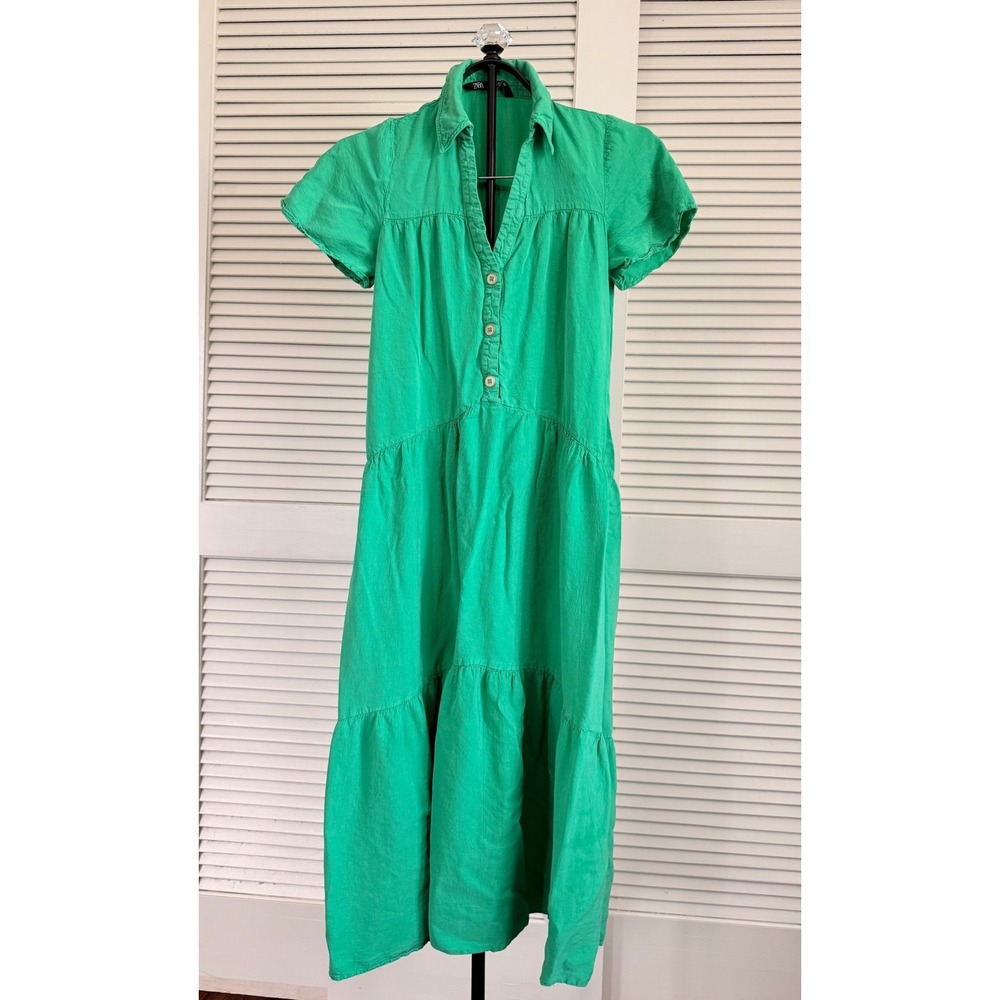 Zara Green Lyocell Tiered Midi Dress Short Sleeve Button Front Size S